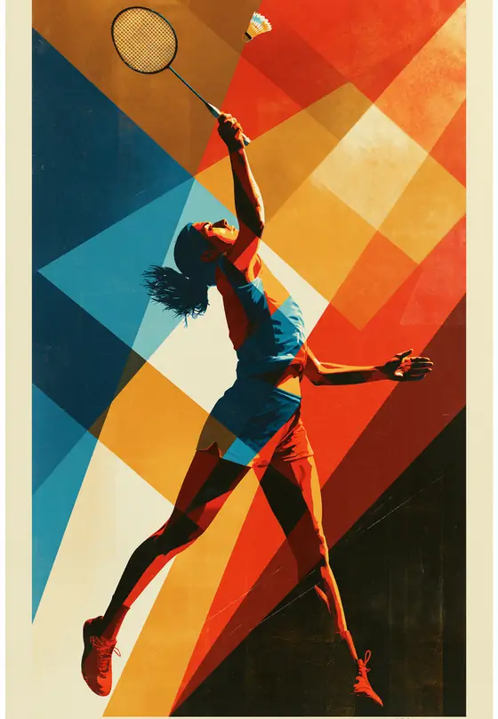A badminton player leaping into a smash