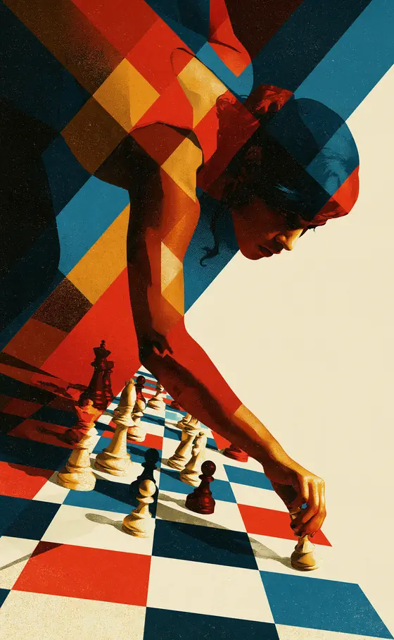 A chess player leaning in to move a piece