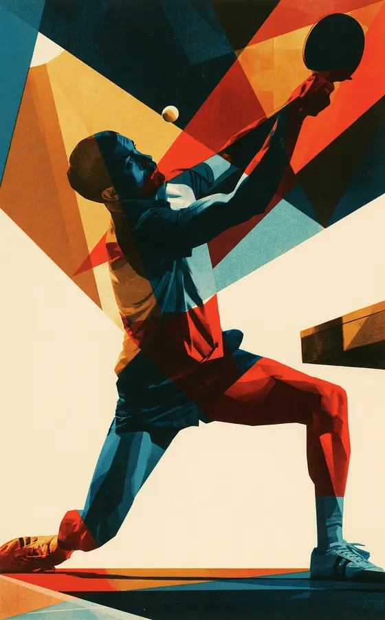 A table tennis player lunging into a forehand