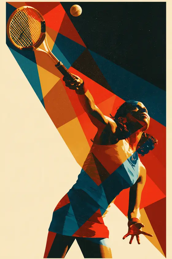A tennis player at full stretch on the serve