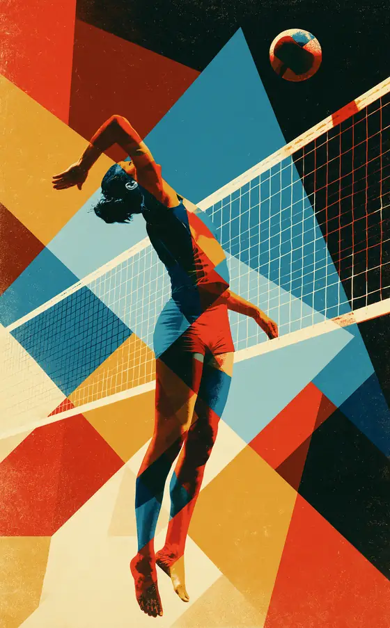 A volleyball player rising for a spike at the net