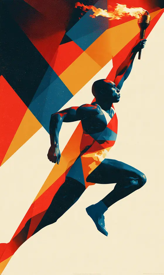 A runner in full stride, holding the torch high